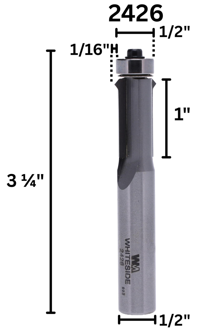 Whiteside 2426 Flush Trim V-Groove Router Bit: 1/2 Inch Cutting Diameter, 1 Inch Cutting Length, 1/2 Inch Shank, 3-1/4 Inch Overall Length, B3 Bearing