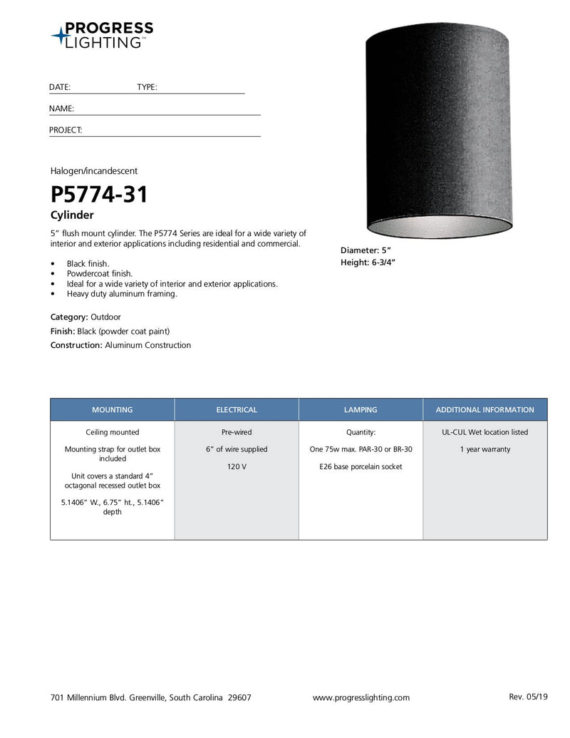Cylinder Collection 5" Modern Outdoor Ceiling Light Black