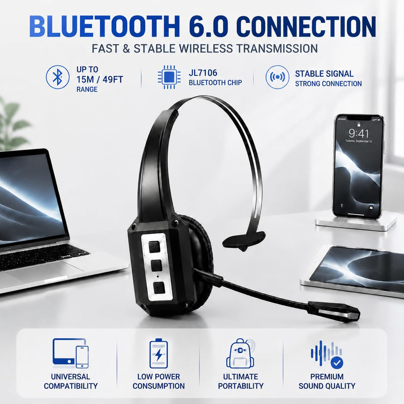 Bytewaveshop Trucker Bluetooth Headset with Mic, 55H Talk Time Wireless Headset, 99% Noise Cancelling Headphones with 270° Adjustable Mic, Bluetooth 6.0, Dual Device for Truck Drivers, Calls, Driving