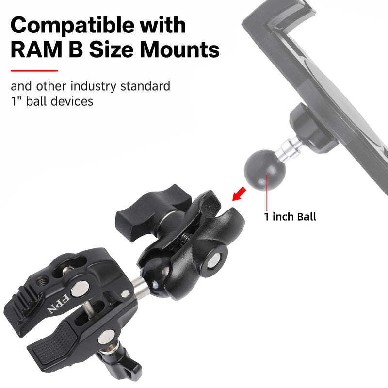 Aluminum 1" Ball Clamp Mount Base with Short Double Socket Arm, Fits Handlebar Rails 0.5 to 1.77" in Dia, Compatible with RAM Mounts and Motorcycle/Bike Phone Holder