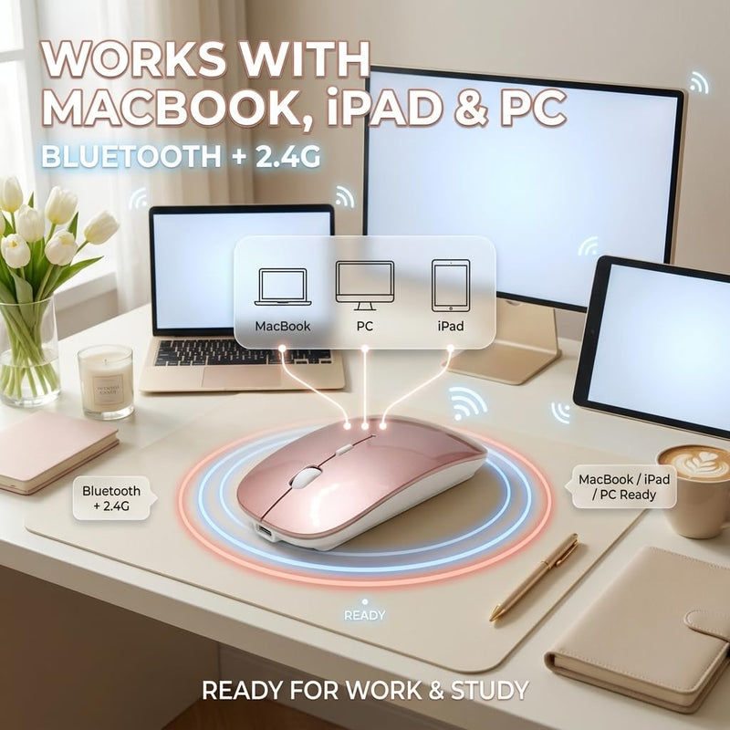 Wireless Bluetooth Mouse for Mac Air MacBook Pro Laptop PC Pad Optical Rechargeable Silent Mouse with Jiggler Mode Dual Mode Switch Bluetooth 5.2/3.0 and 2.4G USB-A & USB-C Receiver Rose Gold RoseGold Portable