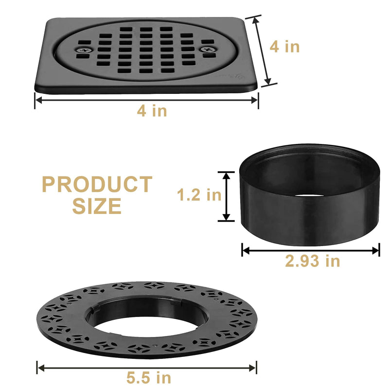 4” Drain Grate Kit - Compatible with Schluter Kerdi-Drain Flange - Shower Floor Drain Kit with Adjustable Collar - Removable Square Drain Set - SUS 304 Stainless Steel Grate - Matte Black 4 Inch Kit without Flange