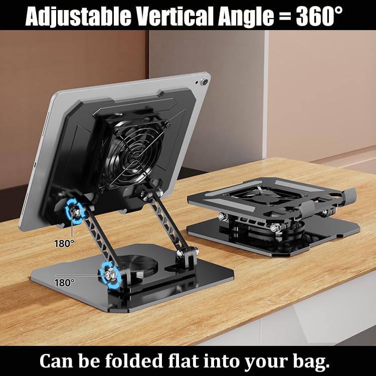 360° Rotating Tablet Desk Stand Holder with USB Cooler，Carbon Steel Frame Dual Rod Mount Support for iPad Pro 13 12 11 Air Mini 5 4 3 Samsung Tab E-Reader (Silver with Built-in Cooler) Silver with built-in cooler
