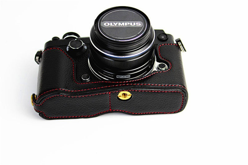 PEN-F Case, BolinUS Handmade Genuine Real Leather Half Camera Case Bag Cover for Olympus PEN-F Bottom Opening Version + Hand Strap - Black