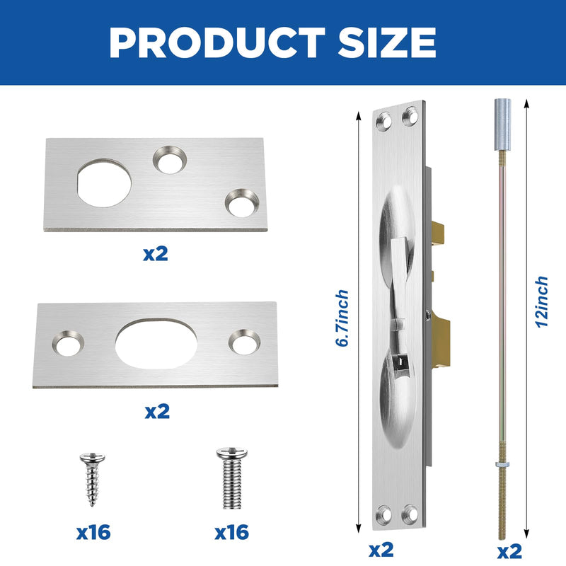 Blulu 2 Pcs Solid Brass Extension Flush Bolt with Rod 12 Inch, 1" W x 6-3/4" H Flush Bolt for Fire Swinging Hollow Metal Doors & Double Doors, Sliver