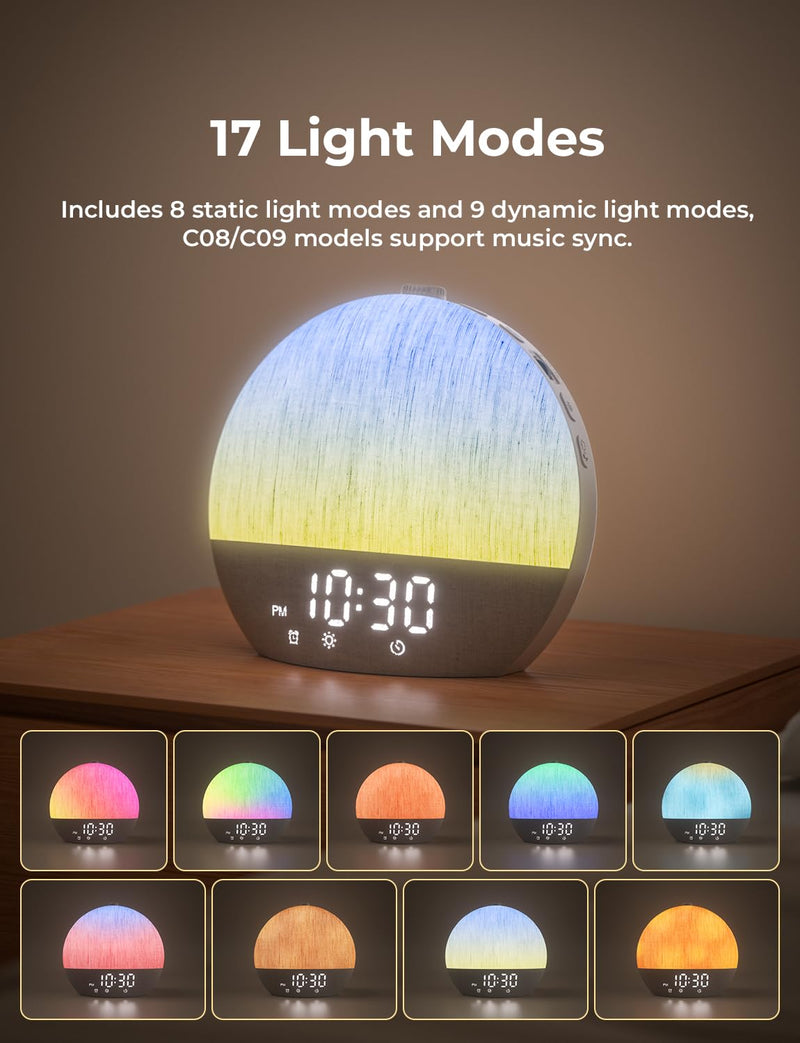 LIORQUE Sunrise Alarm Clock, Digital Alarm Clocks Bedside, Wake up Light with White Noise for Heavy Sleepers, 30 Sleep Sounds, Sleep Timer, Adjustable Volume & Brightness,Screen Free Design, Bluetooth