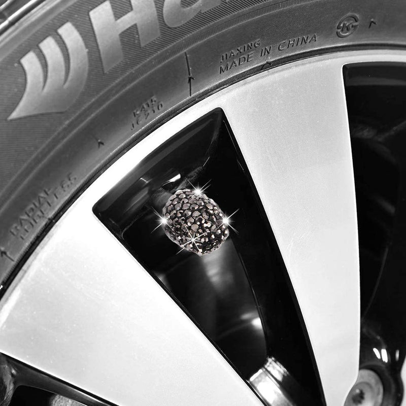 Valve Stem Caps, 4 Pack Handmade Black Crystal Rhinestone Universal Car Tire Valve Caps Chrome,Attractive Dustproof Bling Car Accessories - Black Diamond