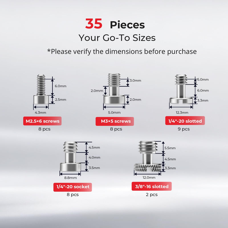 SMALLRIG Camera Screws Stainless Steel Screw Set 35 Pcs (1/4"-20, 3/8"-16, M2.5, M3), Suitable for Cameras, Cages, Handles, with Portable Storage Case - 6389