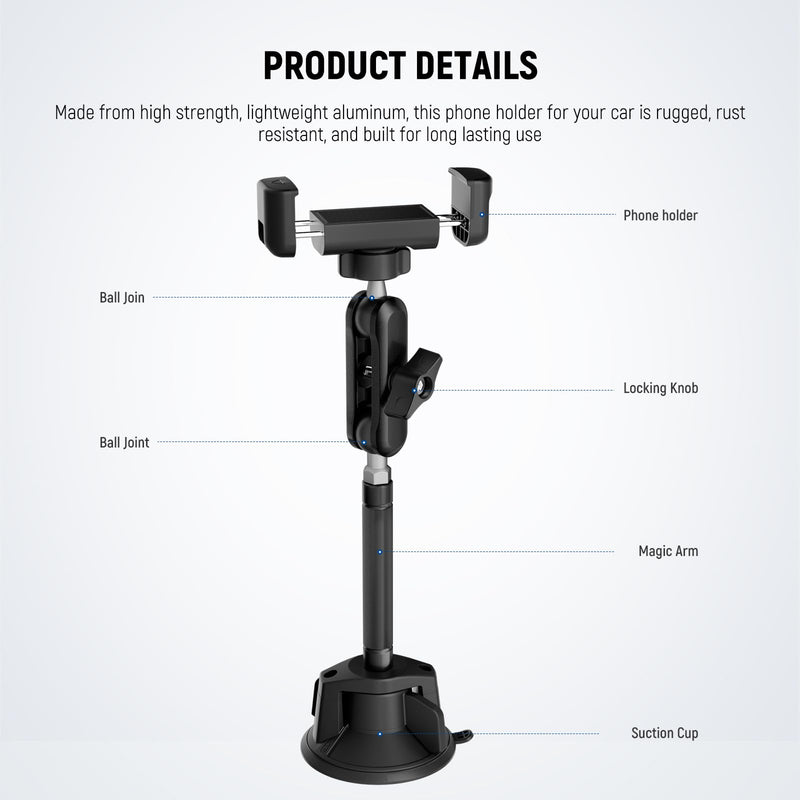 NEEWER Phone Holder for Your Car, 360° Rotating Vacuum Suction Cup Metal Cell Phone Mount Extended Magic Arm Compatible with iPhone Samsung for Windshield Skylight Navigation Video Recording, PA137