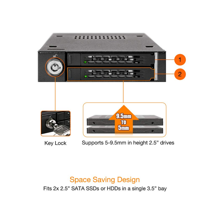 ICY DOCK Full Metal 2 Bay 2.5” SATA/SAS HDD & SSD Mobile Rack for External 3.5" Drive Bay | ToughArmor MB992SK-B
