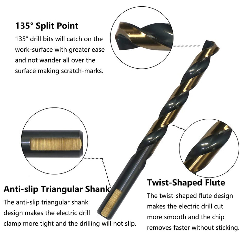 6PCS 1/2" HSS Black Gold Twist Drill Bits Set, 135 Degree Split Point, Jobber Metal Drill Bit, General Purpose for Use in Mild Steel, Copper, Aluminum, Zinc Alloy, Wood, and Plastic 1/2"(6PCS)