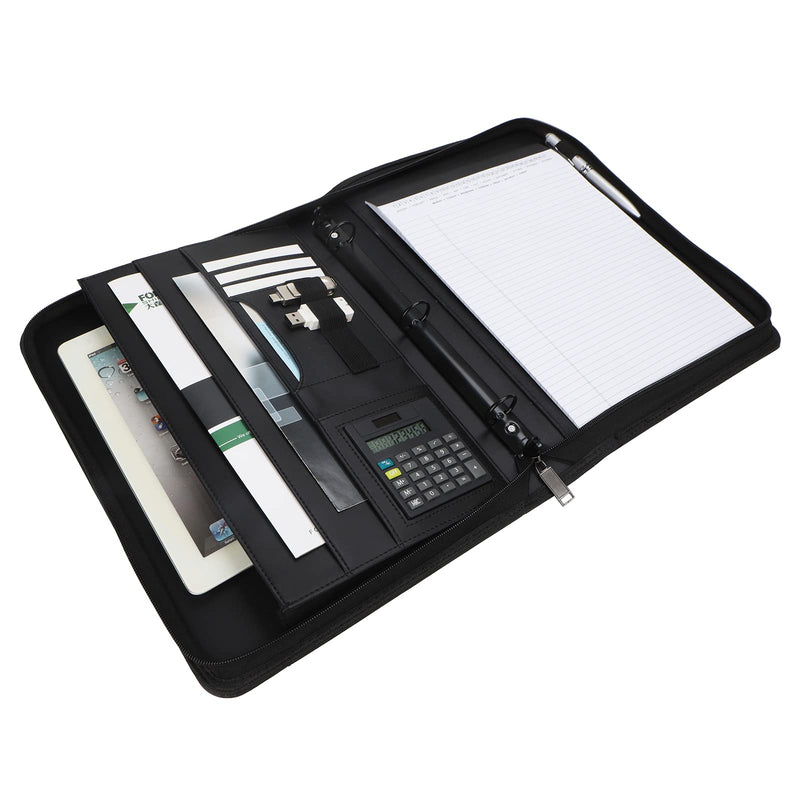 Business Portfolio with Zipper 3 Ring Binder Organizer - PU Leather Folder Padfolio Document Organizer with Solar Calculator,Writing Pad Zippered Portfolio With 3 Ring Binder+calculator