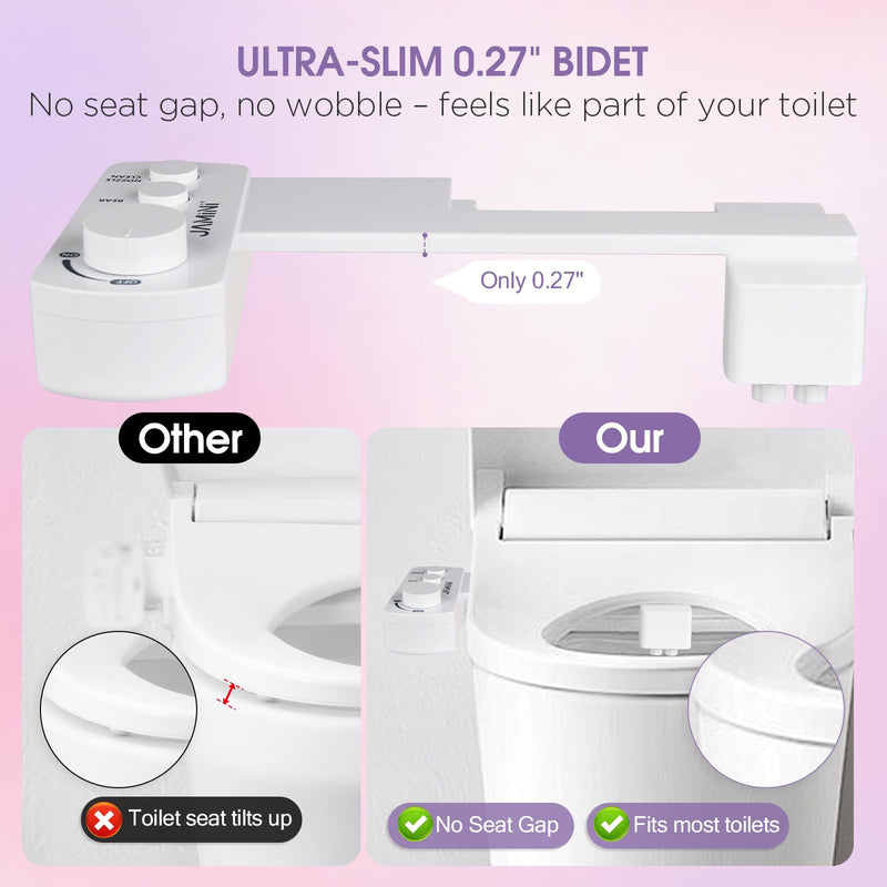 Jamini Ultra-Slim Detachable Bidet Attachment for Toilet – Non-Electric Cold Water, Self-Retraction Dual Nozzles, Step-less Pressure Dial, Dedicated Cleaning Mode, CA65 Certified Signature Dial – Top
