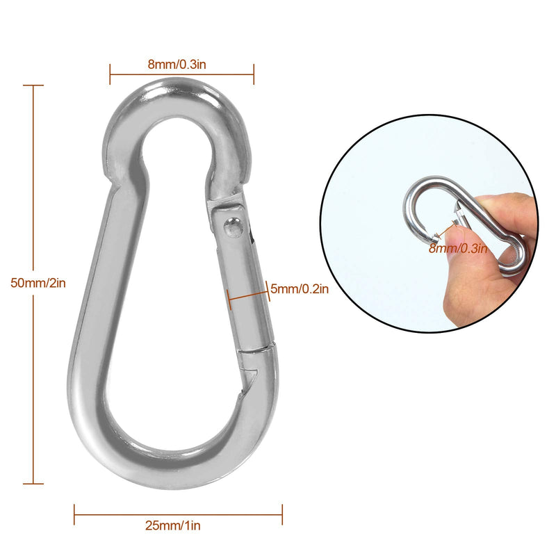 MIVIDE 50 PCS Stainless Steel Spring Snap Carabiner, Round, Silver, 2 Inch, Auto-locking, Camping, Hiking, Fishing, Boating, Dog Leash, Keychain M5 x 50mm