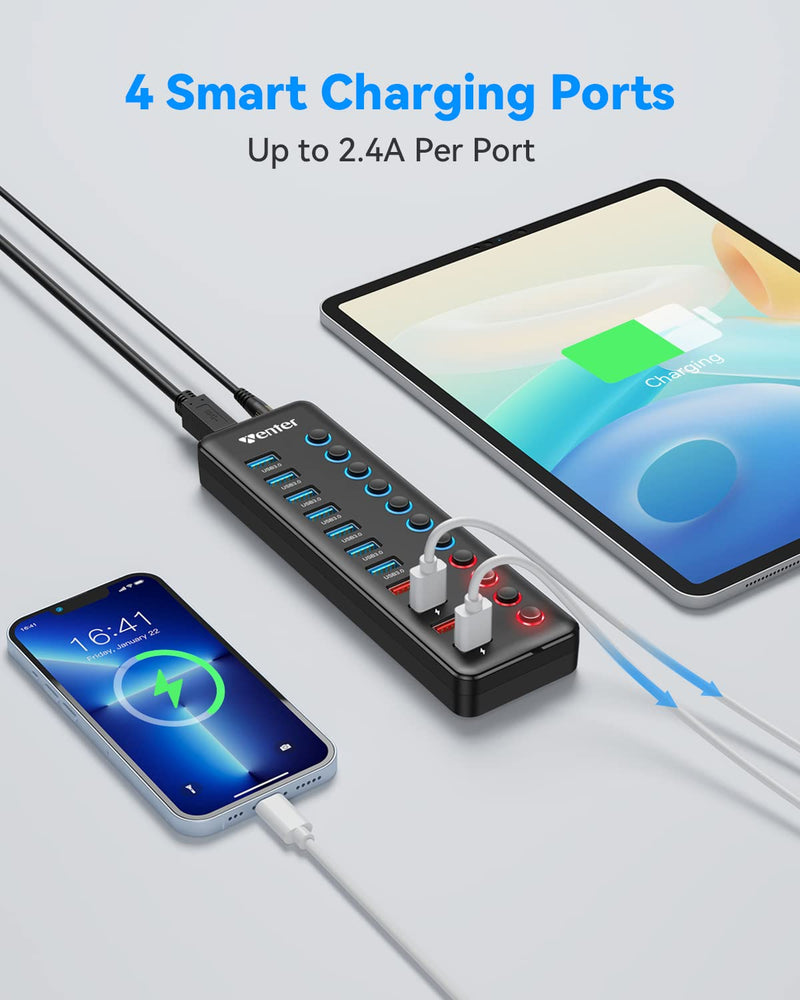 Powered USB 3.0 Hub, Wenter 11-Port Hub Splitter (7 Faster Data Transfer Ports+ 4 Smart Charging Ports) with Individual LED On/Off Switches, Power Adapter for Mac, PC 7+4