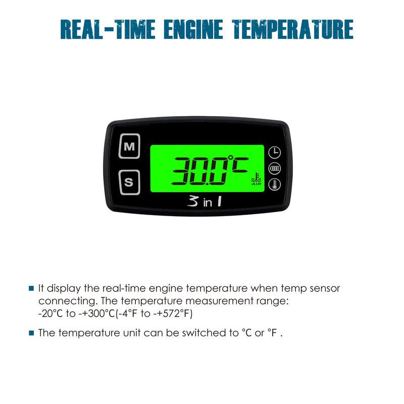 Runleader Digital Engine Temperature Gauge Volt Meter,Programmable Alert Reminder,Clock Display,Backlight Mode Selection for Generator Motorcycle Dirtbike ATV Outboard Motor Marine Snowmobile