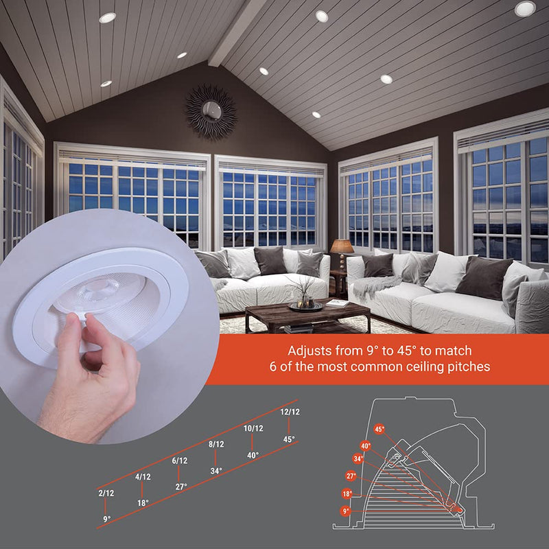 HALO RLS 4 in Adjustable Canless Recessed LED Downlight for Sloped Ceilings with Selectable Color Temperature 2700K-5000K, Dimmable, 900 Lumens, IC-Rated RLS4099FS1EWHDMR 4 inch