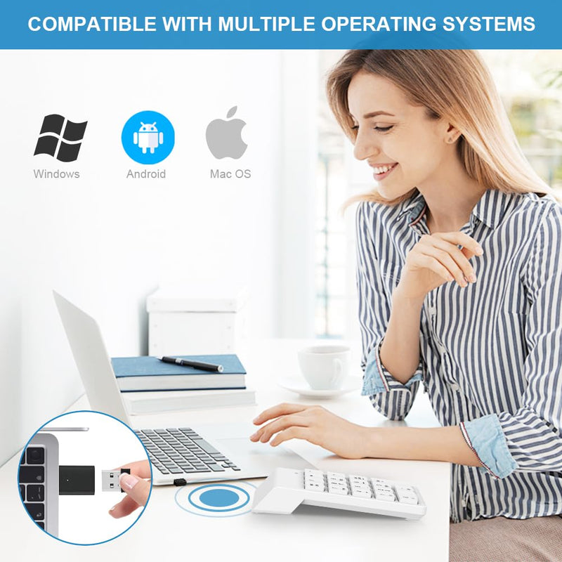 Wireless Numpad with Type C to USB Adapter, Numeric Keypad Number Pad Compatible with Laptops Computer Desktop MacBook Air Pro - 10 Key USB Keypad Office Accessories White