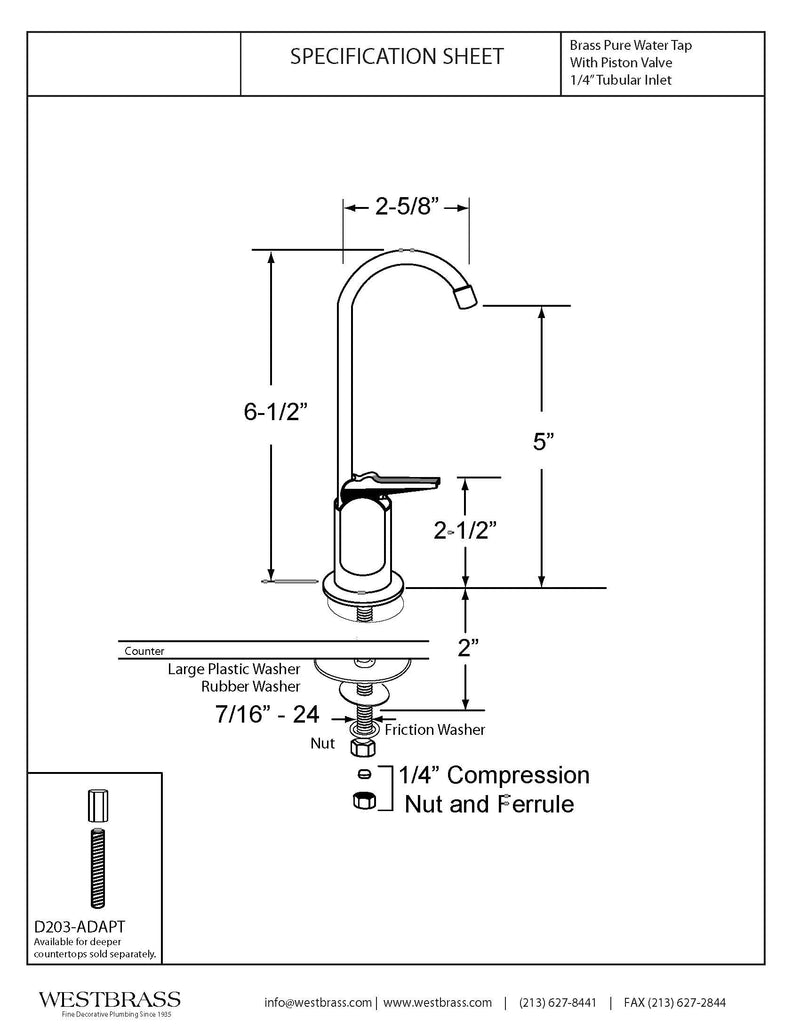 Westbrass D203-NL-20 6" Touch-Flo Style Pure Cold Water Dispenser Faucet, 1 Pack, Stainless Steel