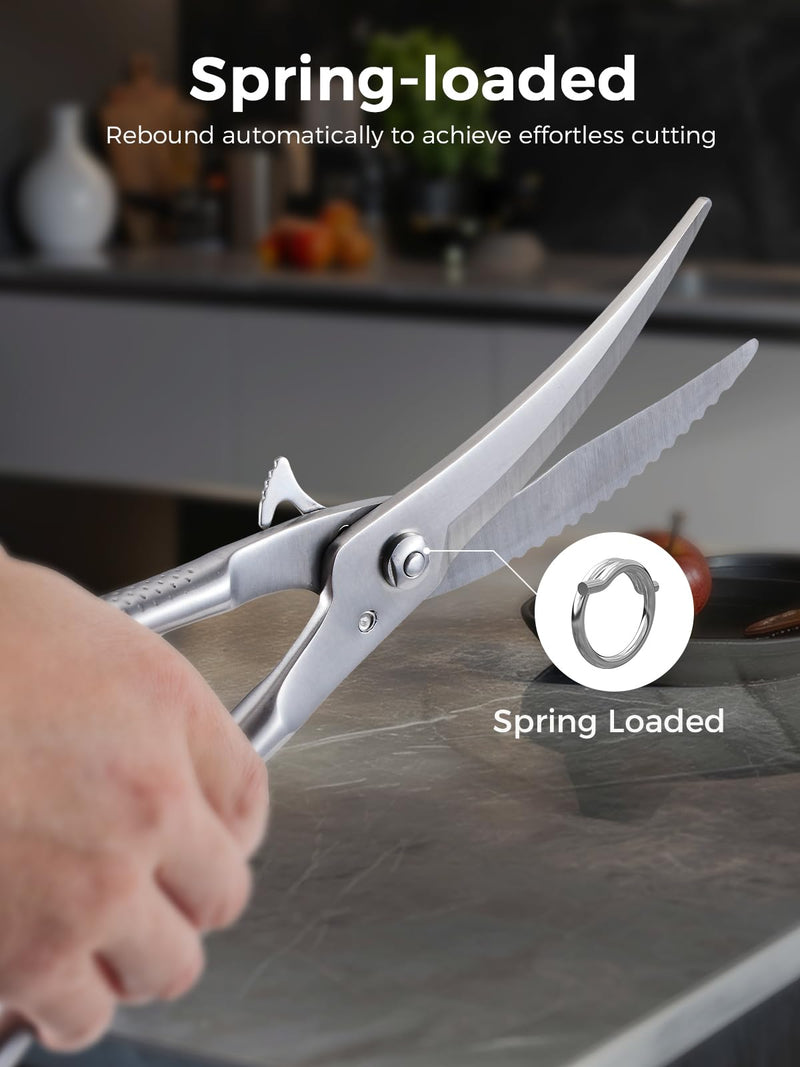Full Steel Poultry Shears Heavy Duty, Professional Bone Cutting Scissors for Chicken, Meat, Turkey & Fish, Sharp & Durable Kitchen Shears, Dishwasher Safe Silver-full Steel