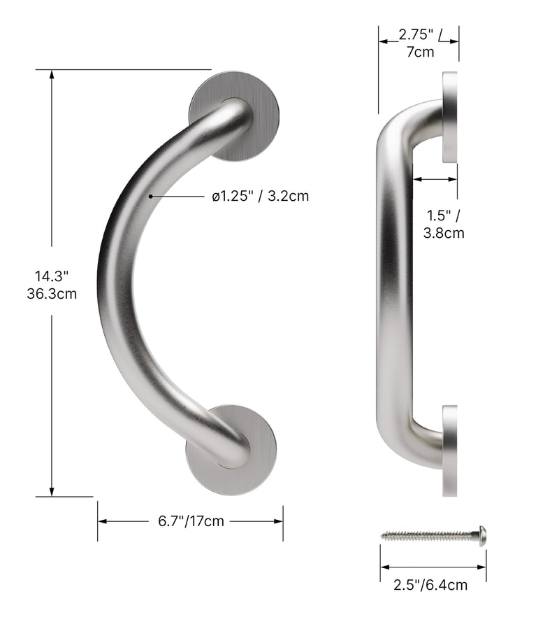HEALTHCRAFT Plus Crescent Grab Bar 14.3", ADA Safety - Brushed Stainless | Curved crescent design, concealed screws, decorative safety bar Brushed Stainless Steel