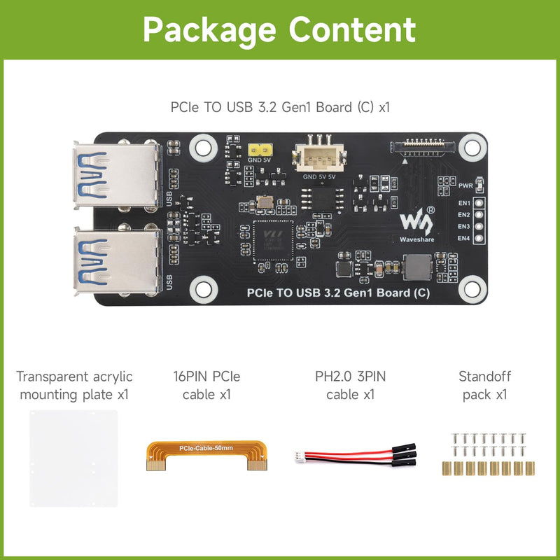 Waveshare PCIe to 4-Ch USB3.2 Gen1 Board (C), Compatible with Raspberry Pi 5, Up to 5Gbps Transmission Speed, No Driver Required, Plug and Play