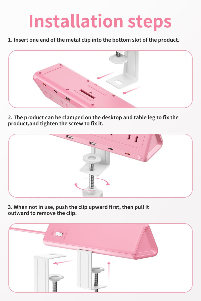 SMALLRT Pink Desk Clamp Power Strip with 6.5 FT Extension Cord, PD 40W USB-C Fast Charging Ports, 5 AC Outlets 4 USB-C 2 USB-A, Fits 2.1 inch Table Edges
