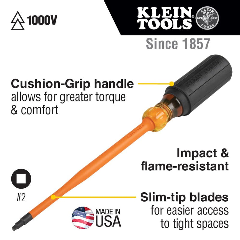 Klein Tools 6946INS 1000V Slim Tip Insulated Screwdriver, Made in USA, Screwdriver with 6-Inch Round Shank, #2 Square Tip, Cushion Grip Handle