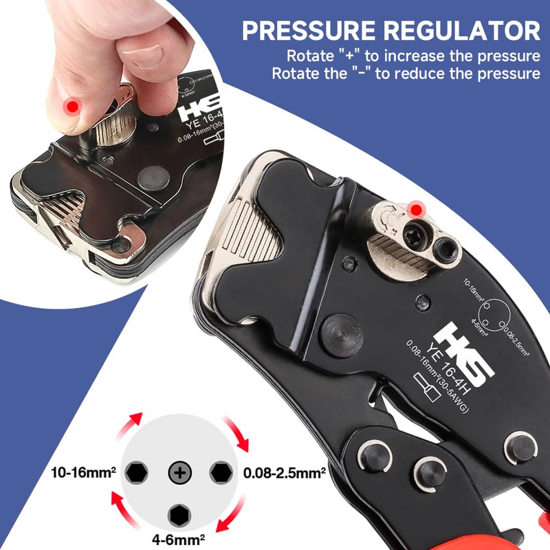 HKS Ferrule Crimping Tool Kit AWG 30-5 - Fixable Range with 1200PCS Red Copper Terimnals, Square Self-Adjusting Ratchet Crimper for End-Sleeves (16-4H with 1200PCS Kit) 16-4H Ferrules Kit