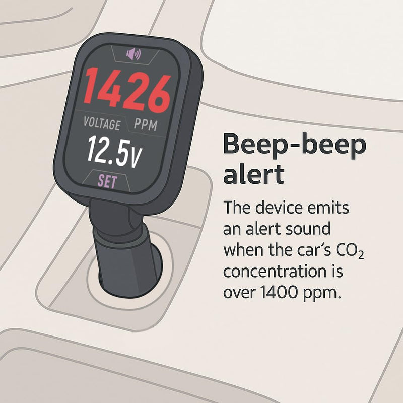 Car CO2 Monitor, Plug-in, No Battery Needed, Real-Time 10s Sampling, Rotatable Color Screen, Beep Alarm for High CO2, Fits 12V/24V Vehicles