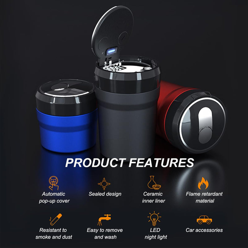 Car Ashtray with Lid, Easy Clean Up Detachable Smokeless Ashtray with LED Blue Light, Portable Mini Ash Tray Cup Holder for Car Home Office Travel, Interior Auto Accessories (Black, Larger) Black