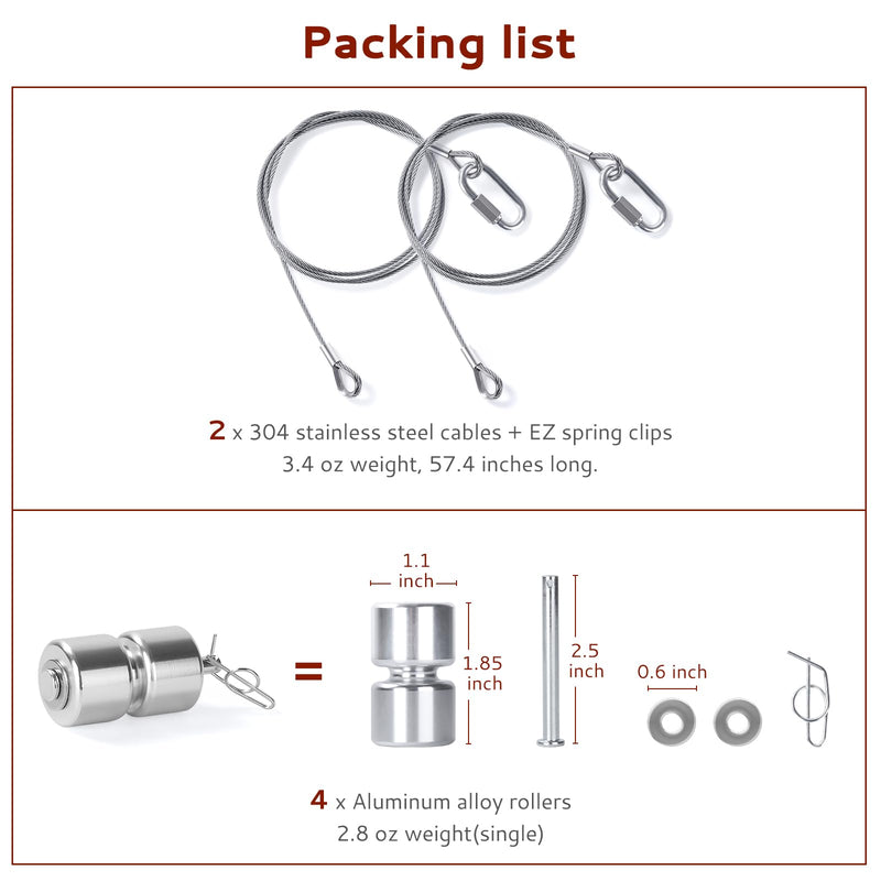 2Pcs Lift Cable Compatible with Gorilla Lift Trailer Gate Assist with EZ Spring Clips, with 4Pcs Aluminum Alloy Rollers Pins Washers, Fit for Open Utility Trailer Tailgate Ramp Lift Assist Kit