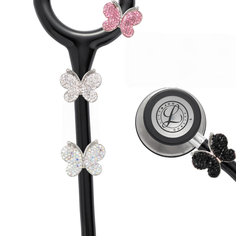 4 Pack Bling Butterfly Stethoscope Charms Diamond Stethoscope Name Tag Charm for Littmann,Nurses,Veterinary(White+Pink+Ab+Black) whtie+pink+ab+black