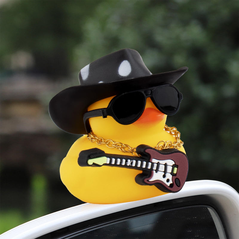 wonuu Rubber Duck Car Ornaments Guitar Duck Cool Car Accessories Car Dashboard Decorations with Cowboy Hat Necklace and Sunglasses, Black&White