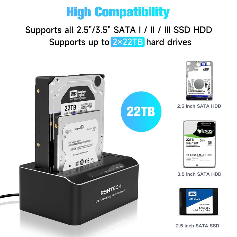 RSHTECH USB-C/USB 3.0 to SATA Dual Bay Hard Drive Docking Station Aluminum | External Hard Drive Dock Reader for 2.5/3.5 inch HDD SSD, with USB-C/A Cable, Support Offline Clone, UASP, 2x22TB, RSH-DS01C