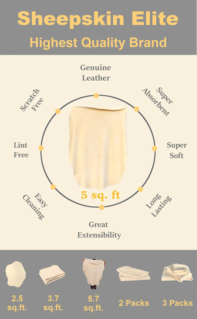 SHEEPSKIN ELITE Chamois Drying Cloth Car Drying Towel Real Leather Super Absorbent Fast Drying Natural Chamois Car Wash Cloth Accessory (5 sq ft) 5 sq. ft.