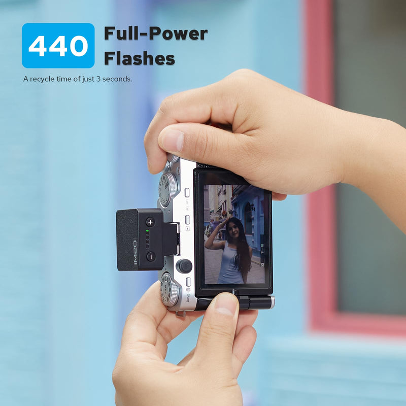 Godox IM20 Mini Flash Speedlite Super Portable with 470 mAh Li-Battery, USB-C Charging,3s Recycle Time 440 Full-Power Flashes 5 Power Levels Compatible with Fujifilm, Olympus, Canon, Nikon&Sony Camera