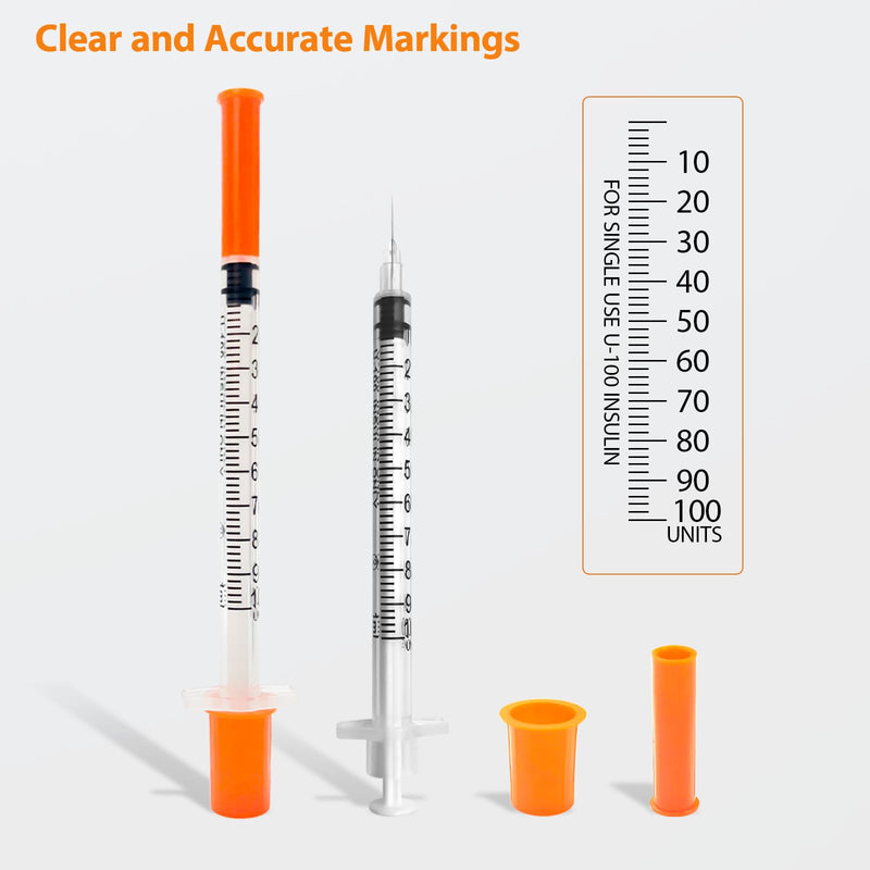 100 Pack U-100 1cc 31 Gauge 5/16 Inch Syringes with Needle, Individually Packed 100