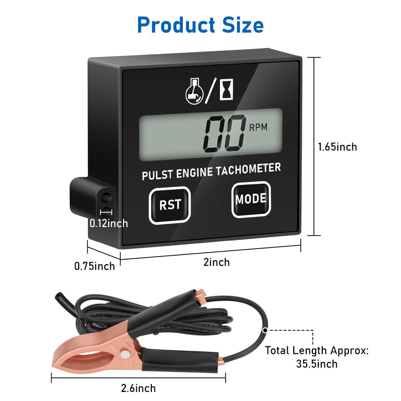 Linkstyle Small Engine Tachometer, Digital Tachometer Tach Gauge Reset Function Equipped with Clip, Inductive Hour Meter for 2 Stroke 4 Stroke Small Engine for Cropper Generator Lawn Mower RV Black+RST+MODE