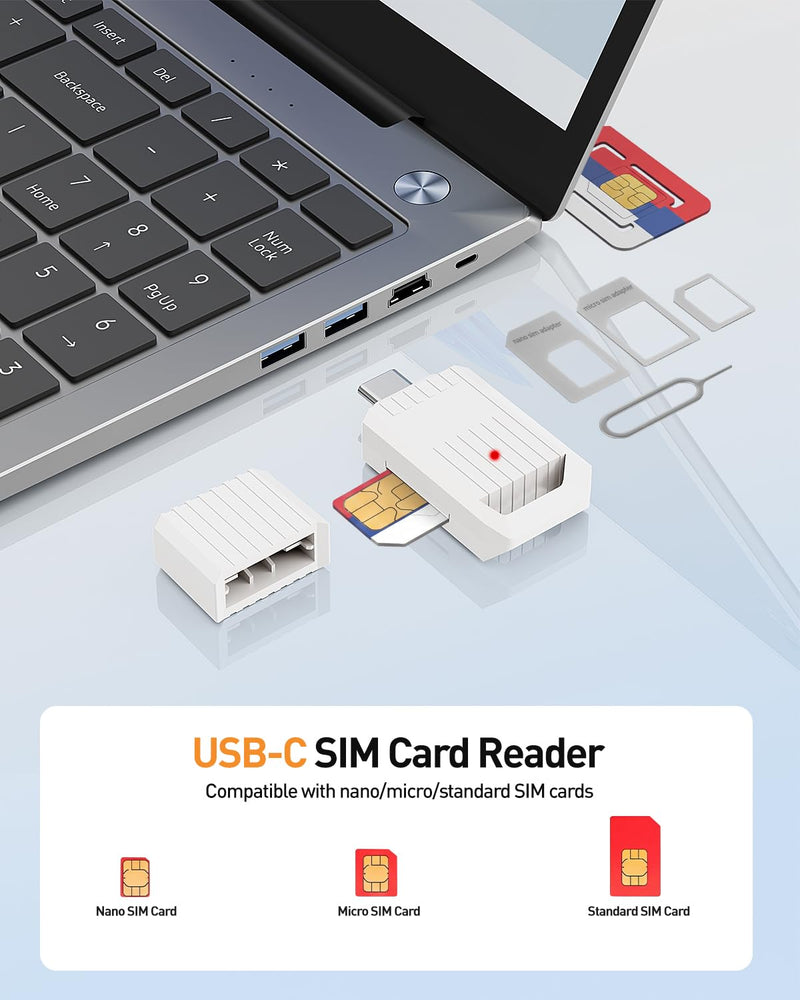 USB C SIM Card Reader, Type-C to SIM Adapter for Windows Laptop/PC, Read & Backup Contacts/Messages, Compatible with Nano/Micro/Standard SIM Cards