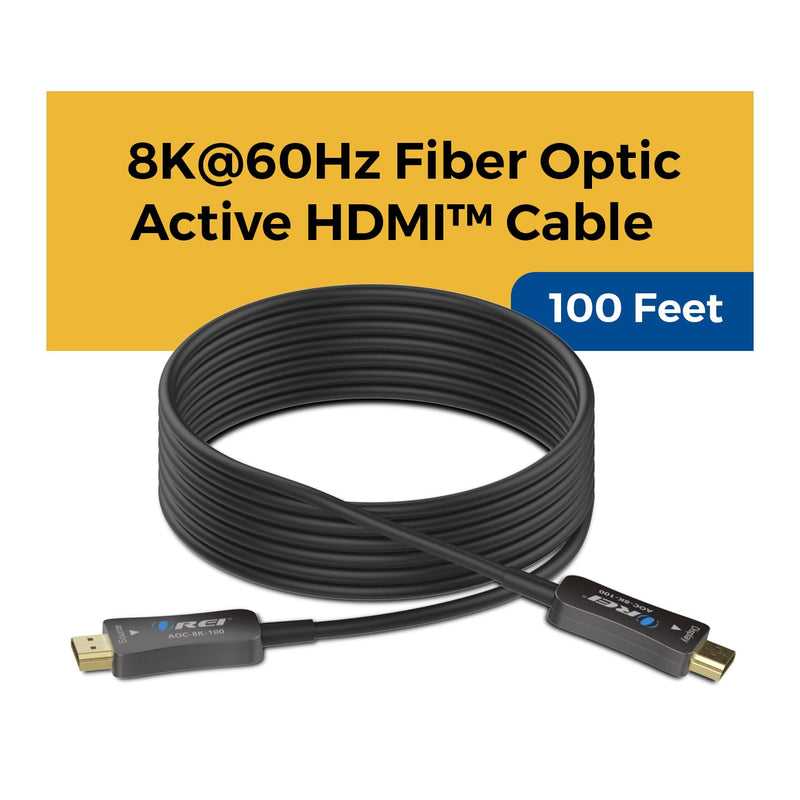 OREI 8K HDMI 2.1 Cable 100ft – AOC Active Optical Fiber HDMI Cable, 48Gbps, 8K@60Hz, 4K@120Hz, HDR10+, eARC, HDCP 2.3, EMI-Free, Gold-Plated