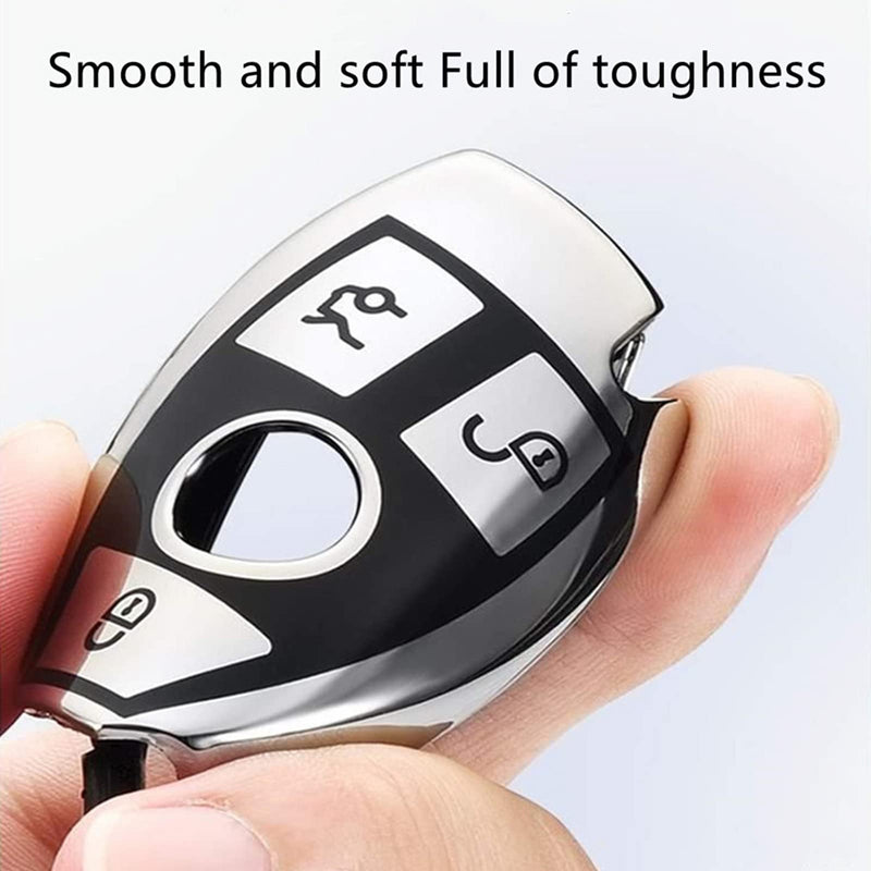 Creativity Suitable for Mercedes Benz key cover. Beautiful TPU Key Case Compatible with CLS CLK AMG ML C CL E S SL SLK G GLC GLE GLS M R Smart Remote Key (silver Combination) Key Case + Sheepskin Metal Key Chain(silver)