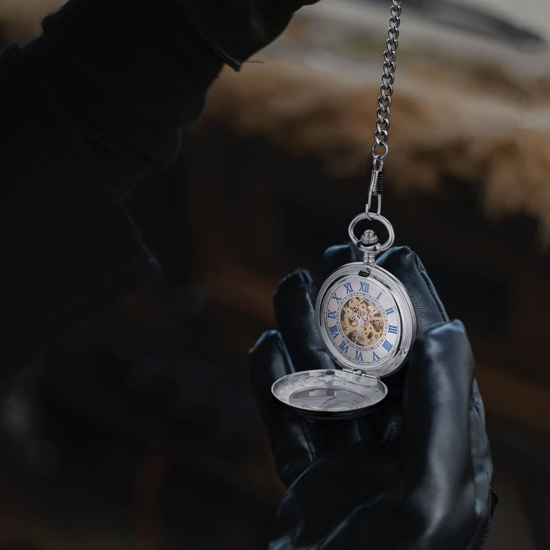 ManChDa Pocket Watch Retro Smooth Classic Mechanical Hand-Wind Pocket Watch Steampunk Roman Numerals Fob Watch for Men Women with Chain + Box A. Silver