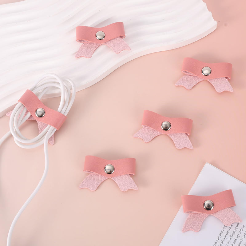 10pcs Pink Bow Cord Organizers, PU Leather Cable Holder Straps Bowknot Electronic Device Cord Management Ties for Storing Chargers and Earphones