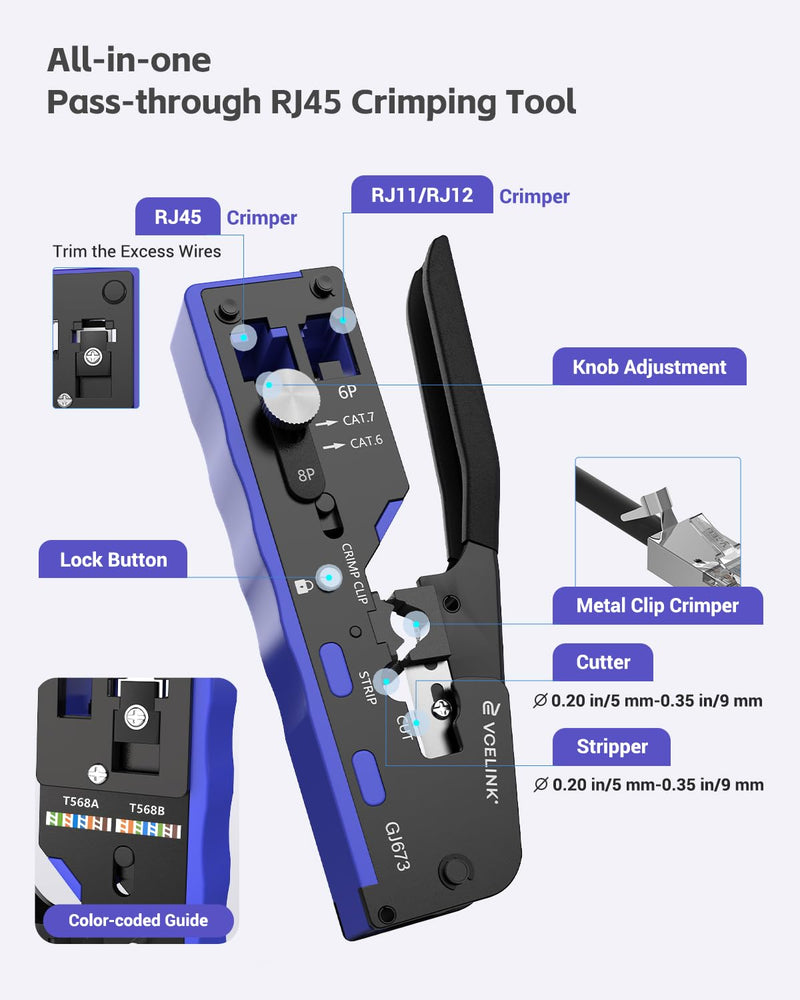 VCELINK RJ45 Crimp Tool Kit for CAT7/6A/6/5E/5, Upgraded Network Tool Set with an Ethernet Crimper, 50 RJ45 Connectors & Boots, Cable Tester, Wire Stripper and Cutter in a Cloth Bag, Blue Advanced Set