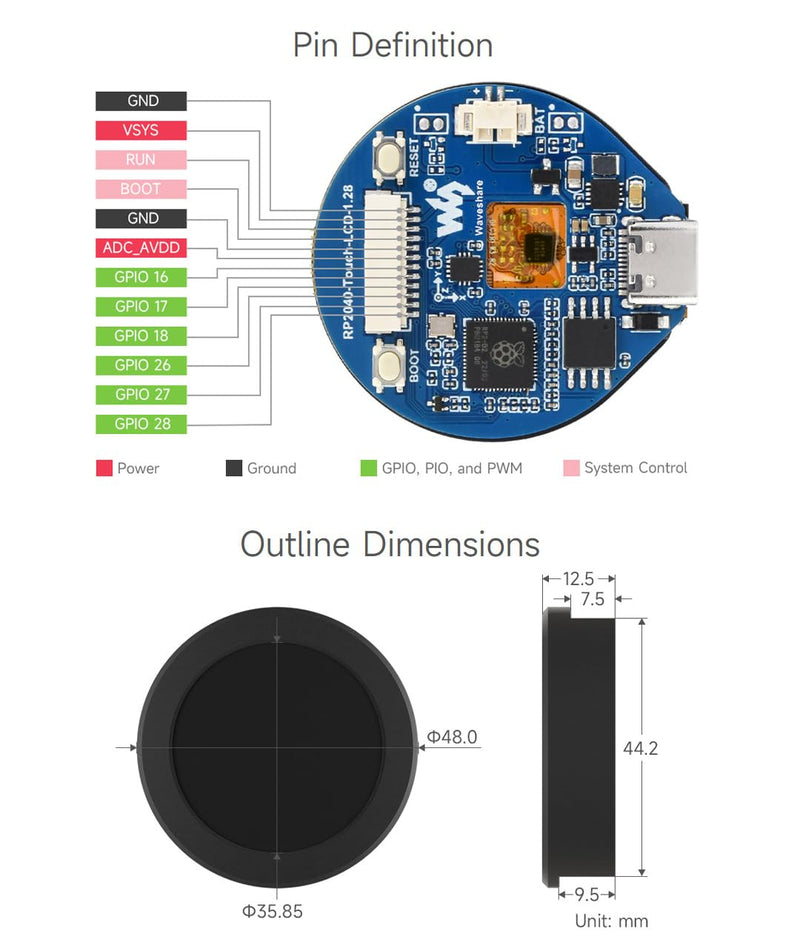 Waveshare RP2040 Microcontroller Development Board, with 1.28inch Round Touch LCD, Compact Size, Accelerometer and Gyroscope Sensor, with CNC Metal Case