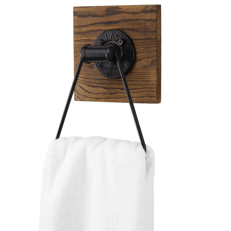 MyGift Bathroom Hand Towel Holder, Towel Rack Ring 5.5x8.7 inch for Kitchen, Laundry Room, Matte Black Industrial Metal with Rustic Solid Burnt Wood Dark Brown