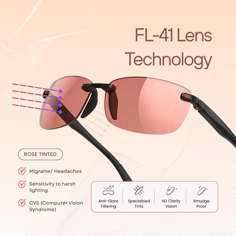 BRADDELL FL-41 Rose and FL-60 Brown Sports Glasses for Migraine Light Sensitivity, Fluorescent LED Glare, Photophobia and Concussion (Rectangular)