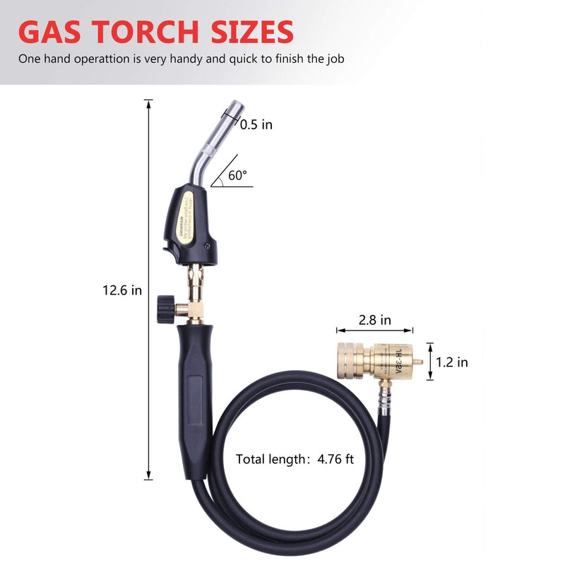 Propane Torch Hand Hose, Mapp Gas Torch,Welding Torch,Hose Length 1.5M/60"Maximum Operating Temperature 1900℃/3600℉-with Hook (Quick ignition with valve Style) Quick ignition with valve Style