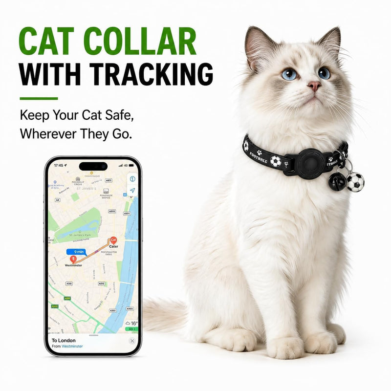 GPS Collar for Cats (Android Only) Pet Tracker, Soccer Style Smart Tag Compatible with Google Find My, Waterproof No Monthly Fee Cat Tracking Collar, Game Day Football Design for Pet Safety